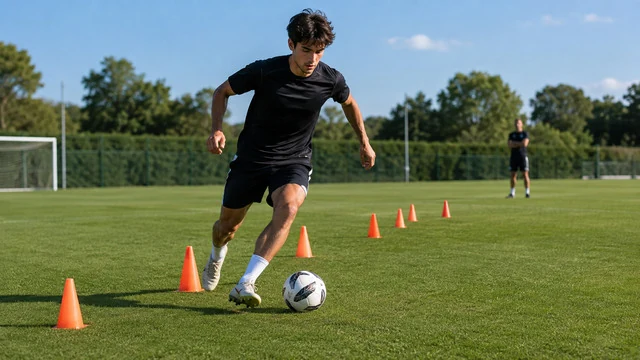 足球球员在训练场绕过标志桶练习控球